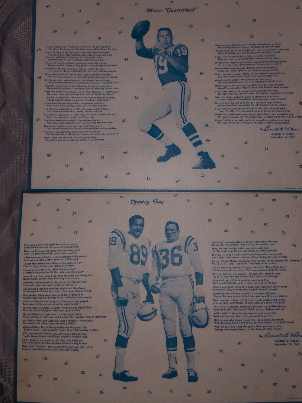 1965 Baltimore Colts Football Placemat Set Day Johnny Unitas Marchetti 11 X 16